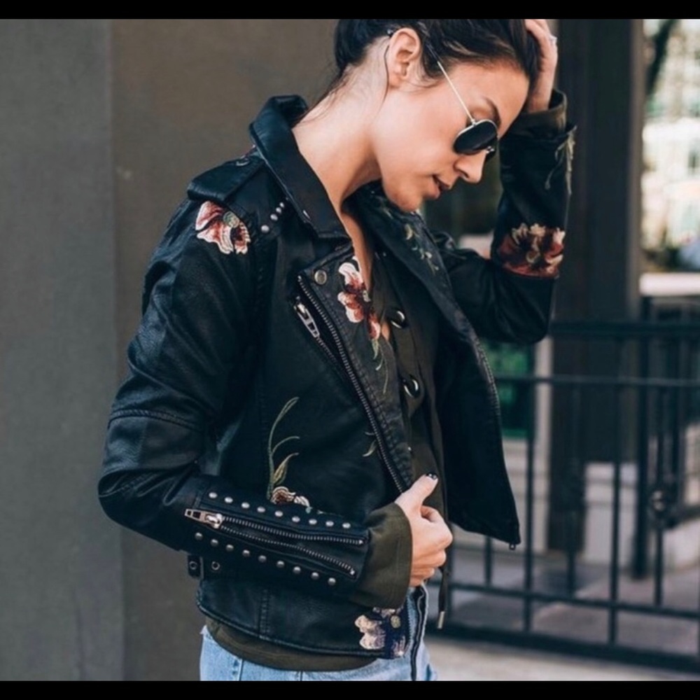 Blank NYC vegan leather embroidered rose jacket